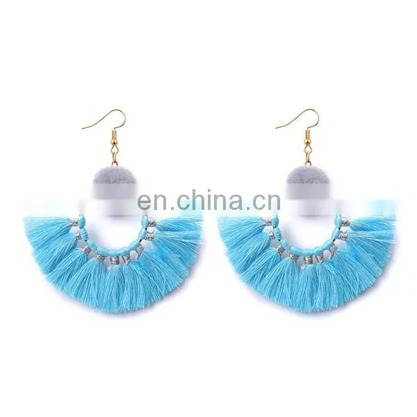 Fashion Women Vintage Geometric Fan - shaped Cotton Tassel Dangle Ear Stud Earrings
