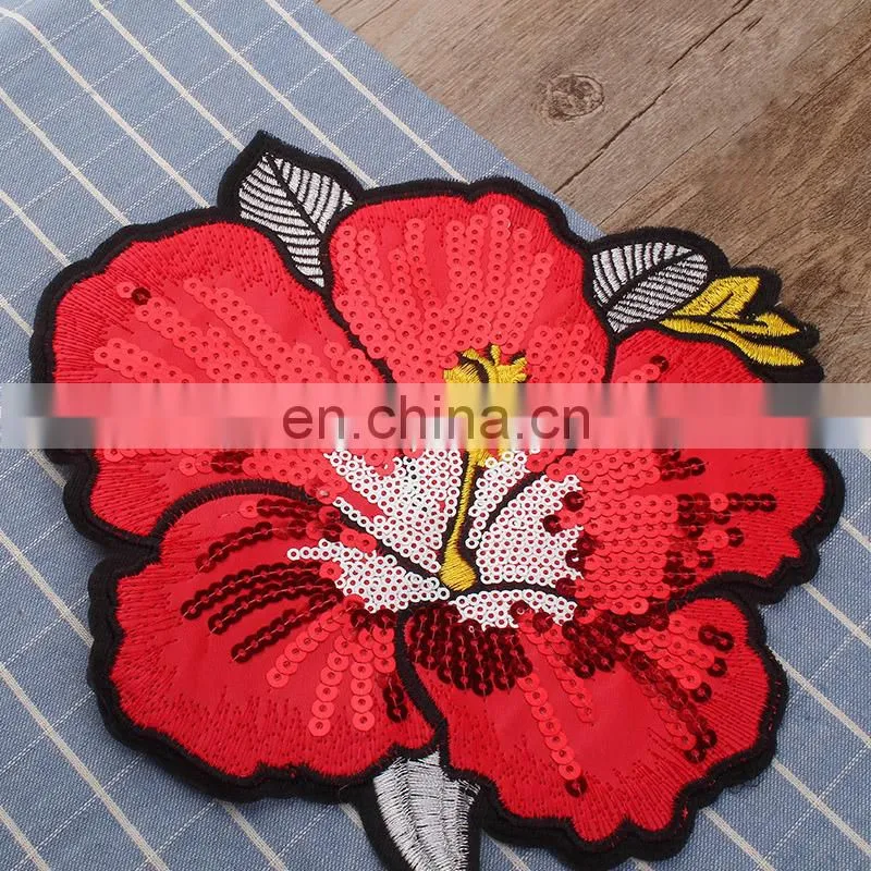 Wholesale Fashion Cheap Embroidery Red Peony Flower with Sequins Iron on Applique Patch