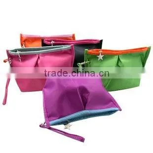 Fresh pleated long zipper polyester cosmetic bag with air hole
