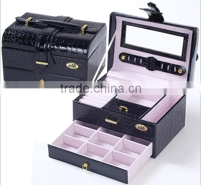 Faux Leather Large Lockable Jewelry Box Case Storage with Mirror,jewelry showcase display case