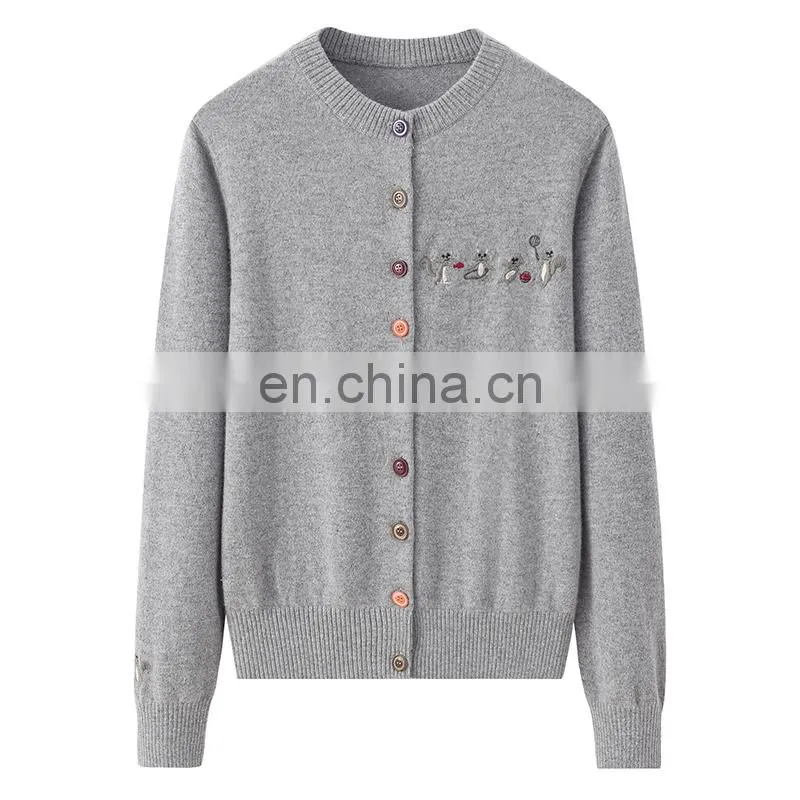 Custom 100% Cashmere Women's Button Knitted Cardigan New Casual Logo Design Crew Neck Single Breasted Closure Animal Winter