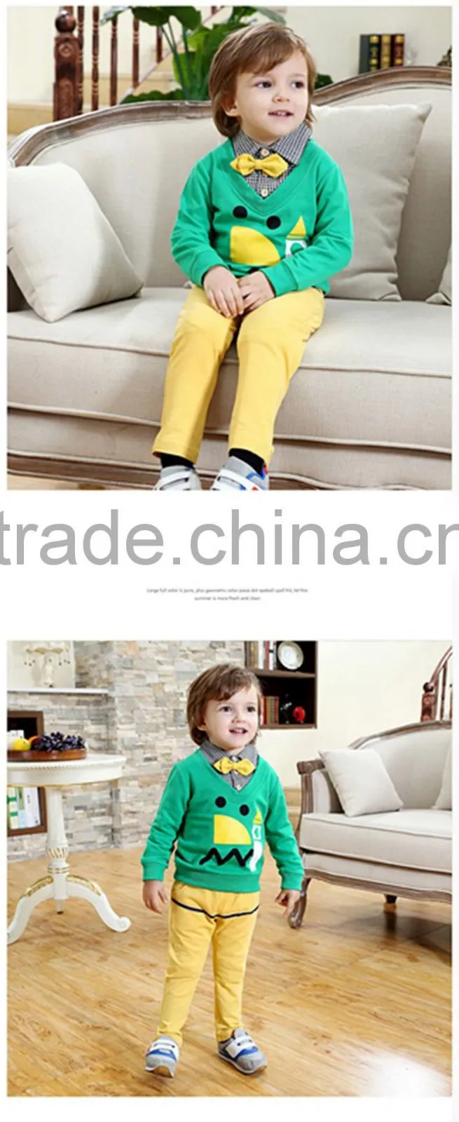 2016 fashion Korean style boy clothes children faux twinset design cotton long-sleeved + pants