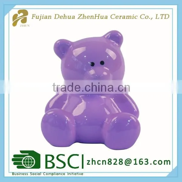 purple ceramic bear coin bank for gift decoration