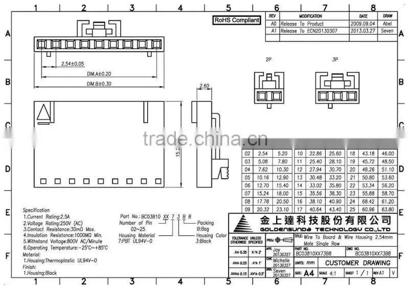 Pitch 2.54mm Wire to Wire Connectors Housing Male Single Row 2 - 25 Pins