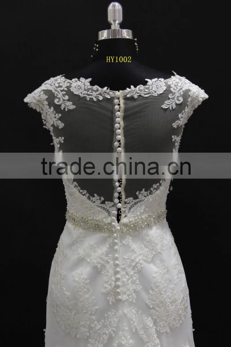 Small A-line with beading belt lace appliques sexy see through back wedding dress