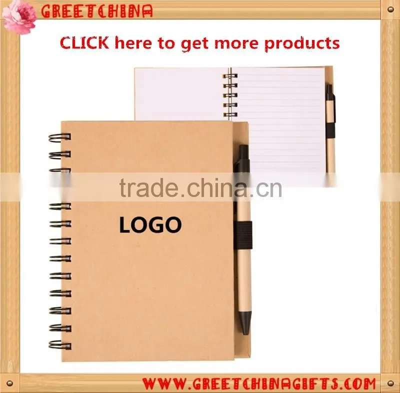 Cheap spiral kraft paper notebook with pen