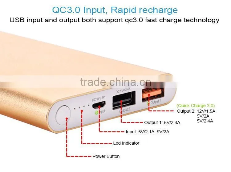 CE FCC ROHS metal materail thin10000mah qc3.0 power bank with custom logo