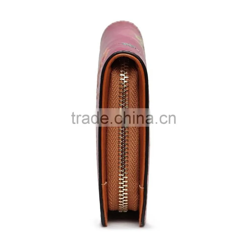Fashion trendy pretty women rose red leather zipper clutch wallets with card slots