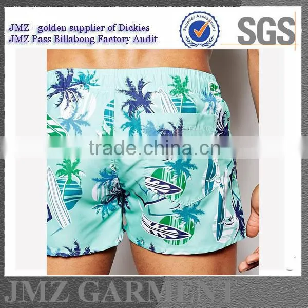 JMZ wholesale OEM swim pants for men polyester swimwear creat your own blue palm tree design new 2015 low moq Alibaba