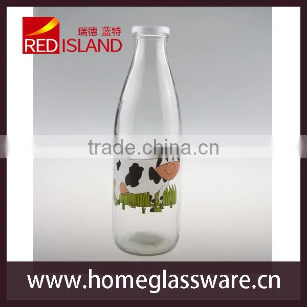 1L 4-color printing milk glass bottle with metal lid