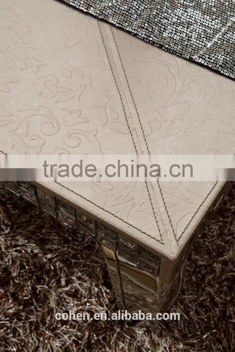 High end royal mosaic decoration livingroom stainless steel furniture coffee table/center table covered by real leather/PU