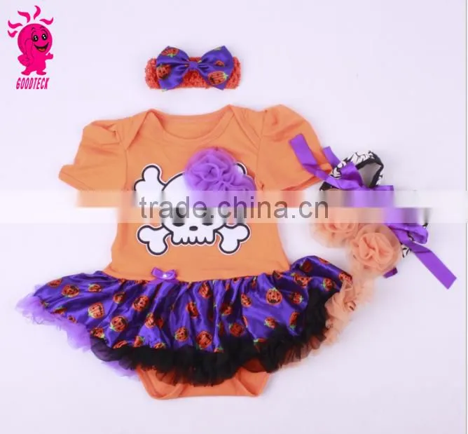 Helloween new fashion 3pcs skull princess short sleeve romper sets including romper,headband and shoes