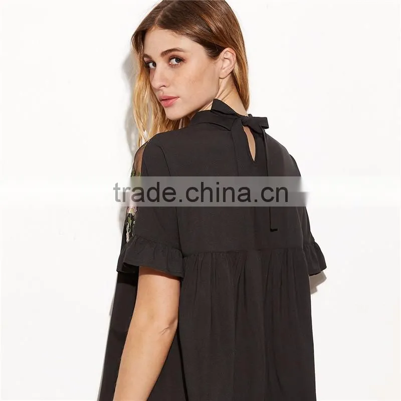Hot sell embroidered ruffle cuff sheer tie back blouse neck designs cutting