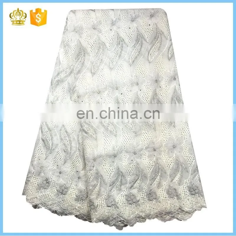 Hot selling swiss voile lace fabric, 100% cotton lace, Embroidery lace fabric with stones for wedding dress F15121112