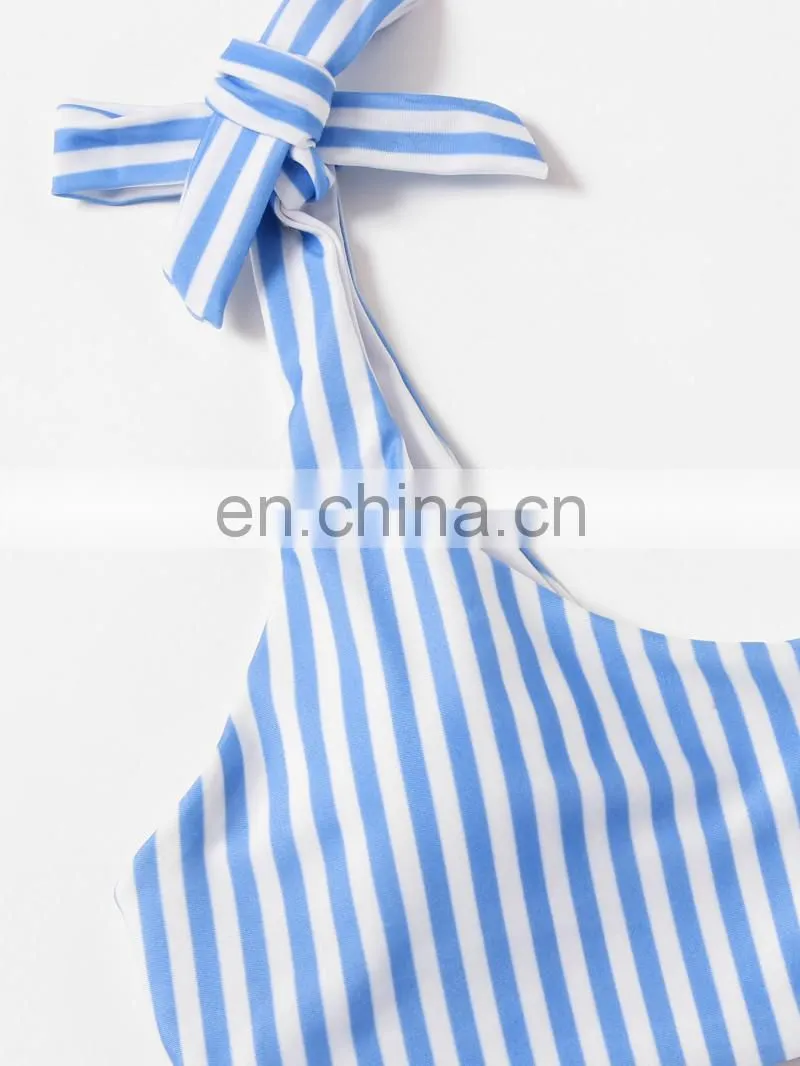 Tie Side One Shoulder Striped Bikini Set