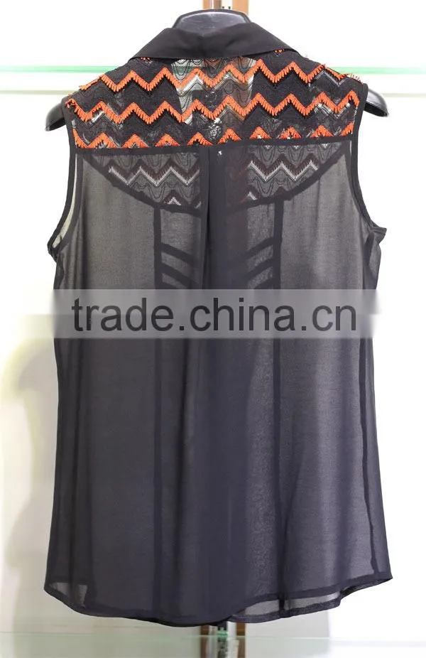 fishtail 2014 new style guipure lace black fashion chiffon blouse