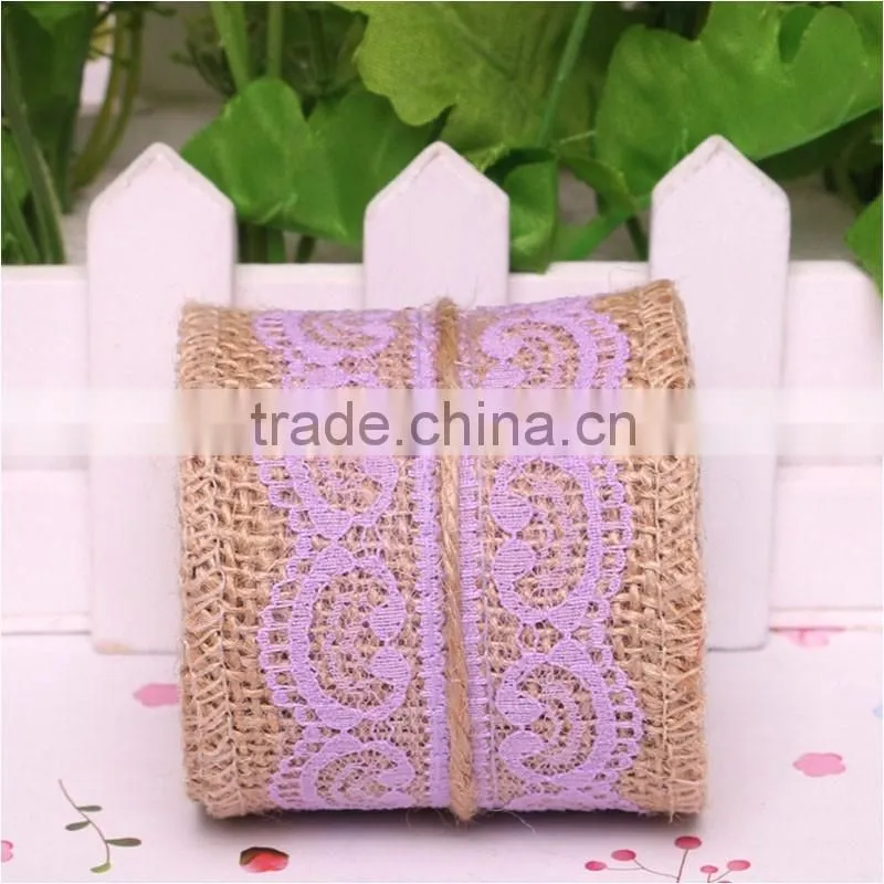 0.06*2M Jute Burlap colourful heart lace roll customized DIY decoration jute roll