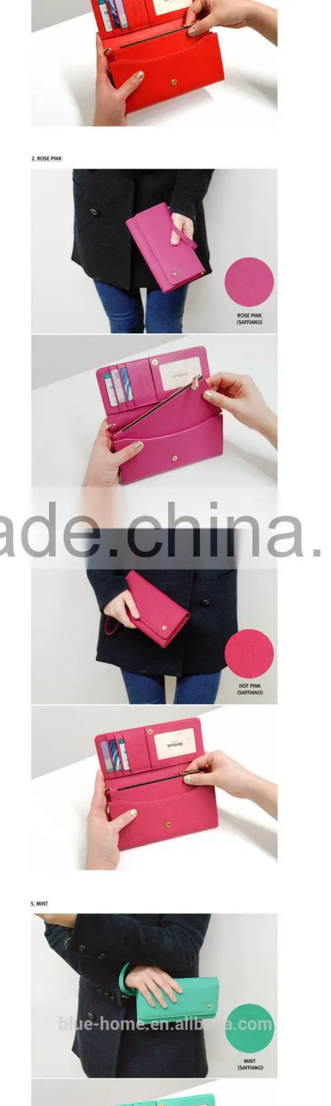 Hot selling 2015 korean design long crown wallet Hand purse wristyle women pink evening wallets