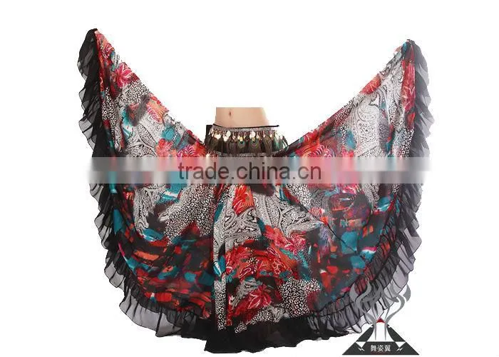 Bohemian Gypsy Chiffon Belly Dance Circle Skirt with Floral Prints