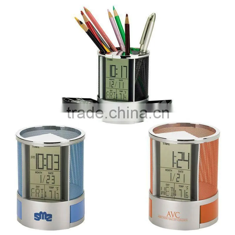 Plastic Transparent Multifunctional Pen holder Calendar Timer Thermometer Clock