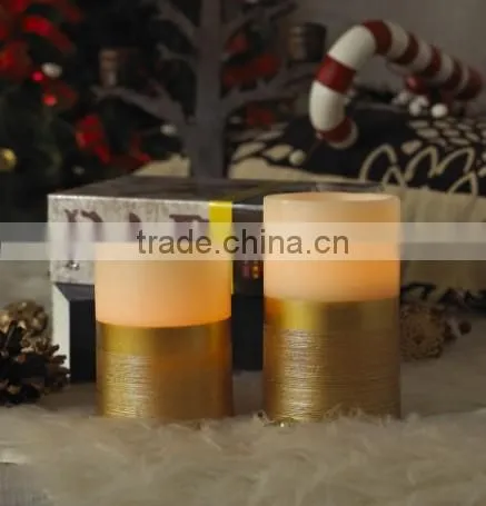S/3 Flameless LED Gold Christmas Pillar Candles With Silk Effect