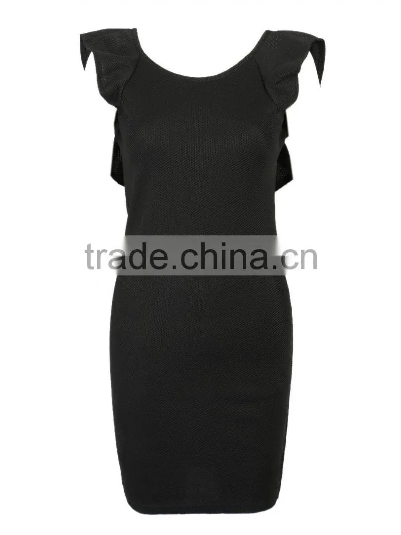 2016 Sexy Black Open Back Ruffle Knit Bodycon Evening Dress HSD2207