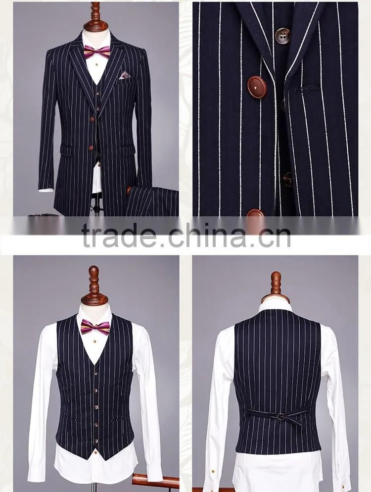 2017 latest design 3 pieces suits with long blazer waistcoat and pants dark blue stripe suite made in china