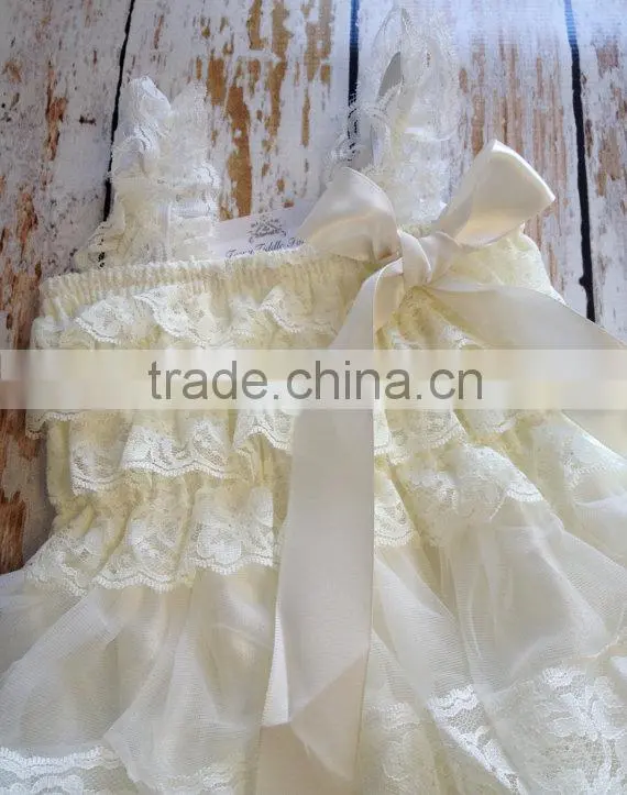 new design Ivory petti lace ruffle dress , baby dress pattern flower girl