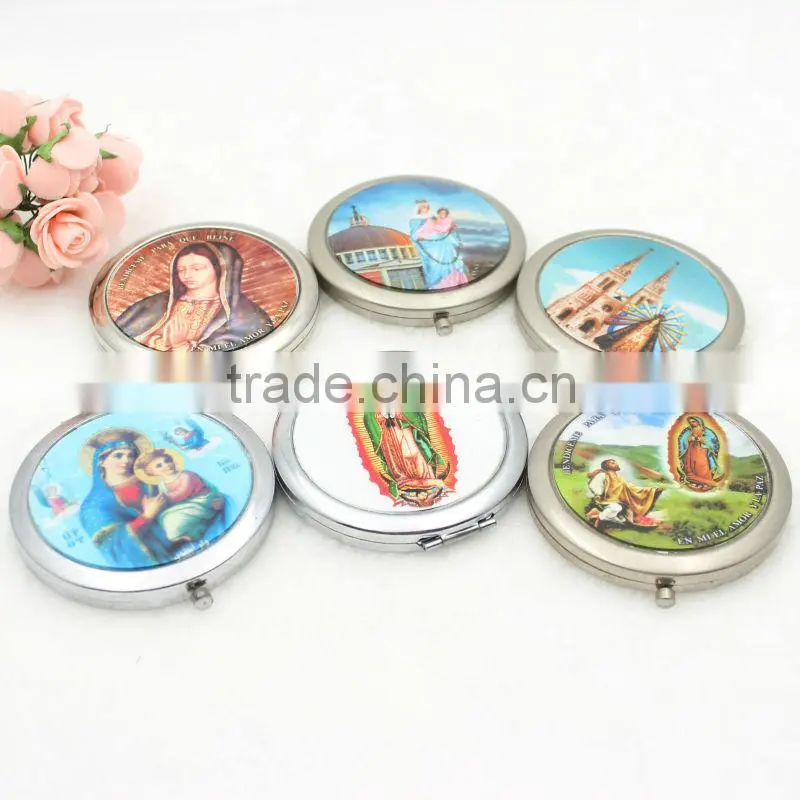 Religious metal round pocket mirror