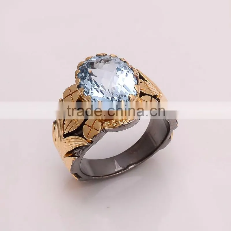925 SOLID STERLING FINE SILVER SWISS BLUE TOPPAZ RING BLACK & GOLD RHODIUM