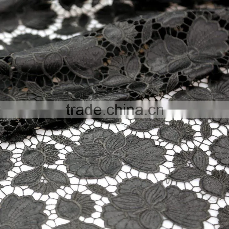New Fashion cutwork lace embroidery designs fabric mesh with leather and polyester silk for black embroidery dress