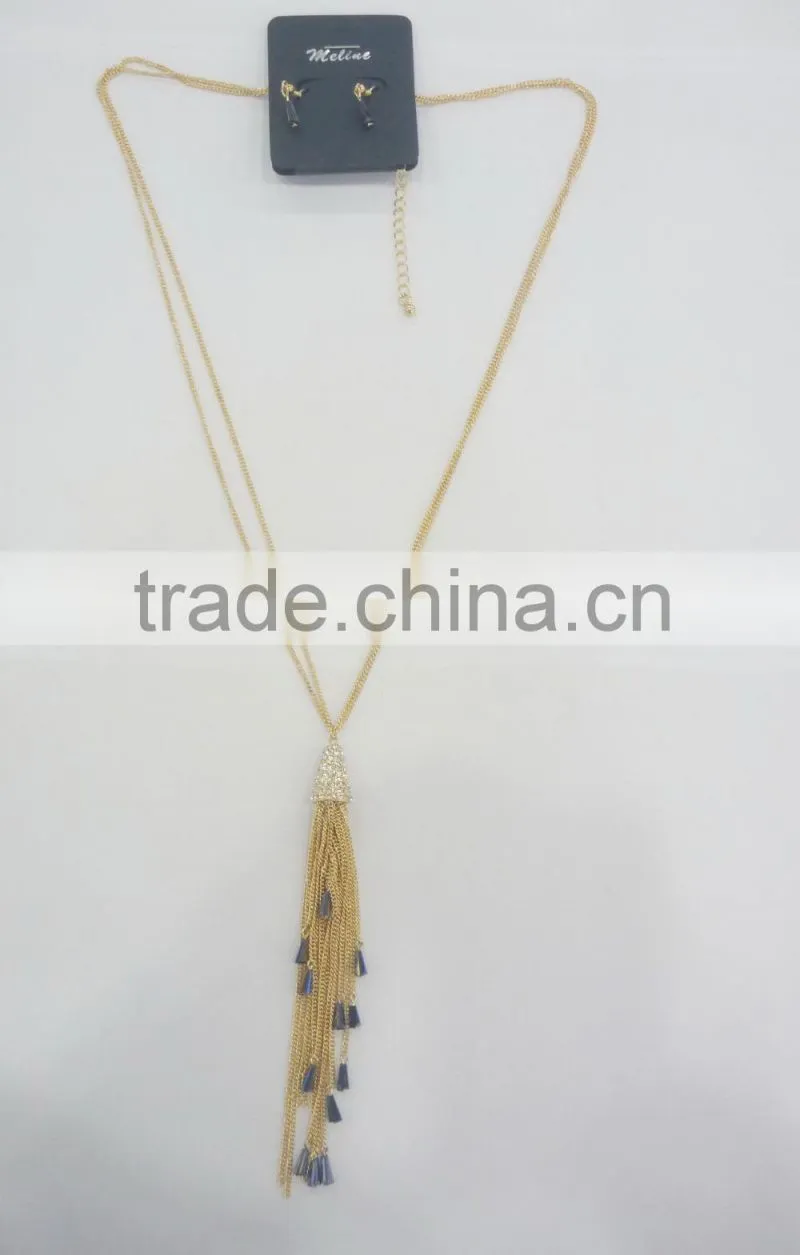 FASHION RHINESTONE PENDANT NECKLACE EARRING WITH CHAIN TASSEL AND GLASS BEADS