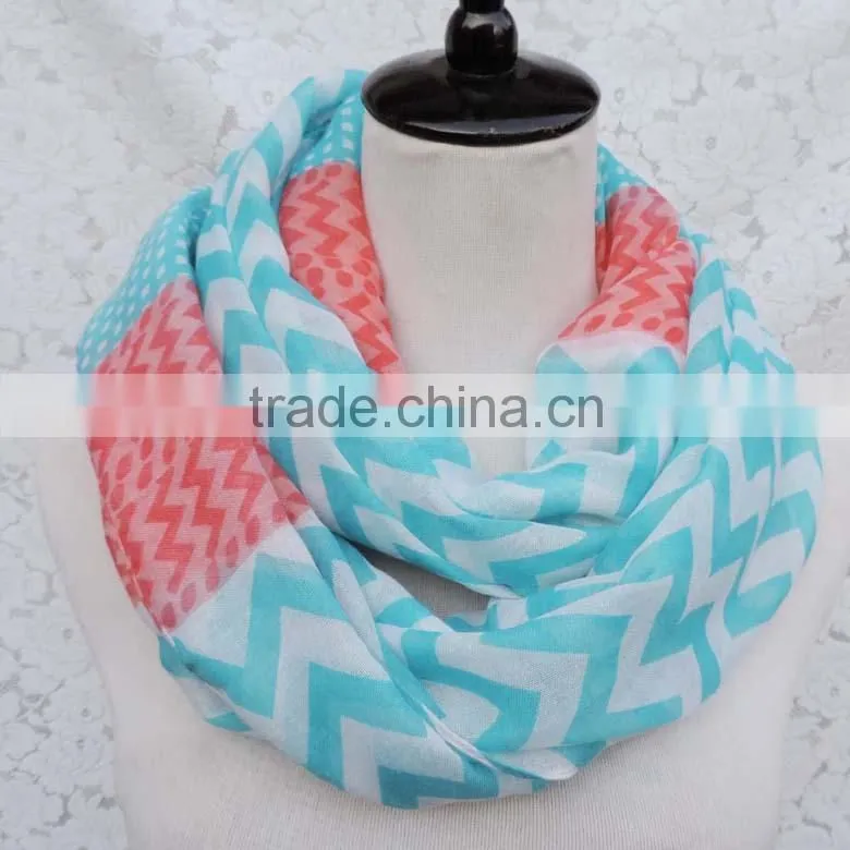 Hot Popular Wave Printing Ladies Thin Polyester Chevron Infinity Scarf