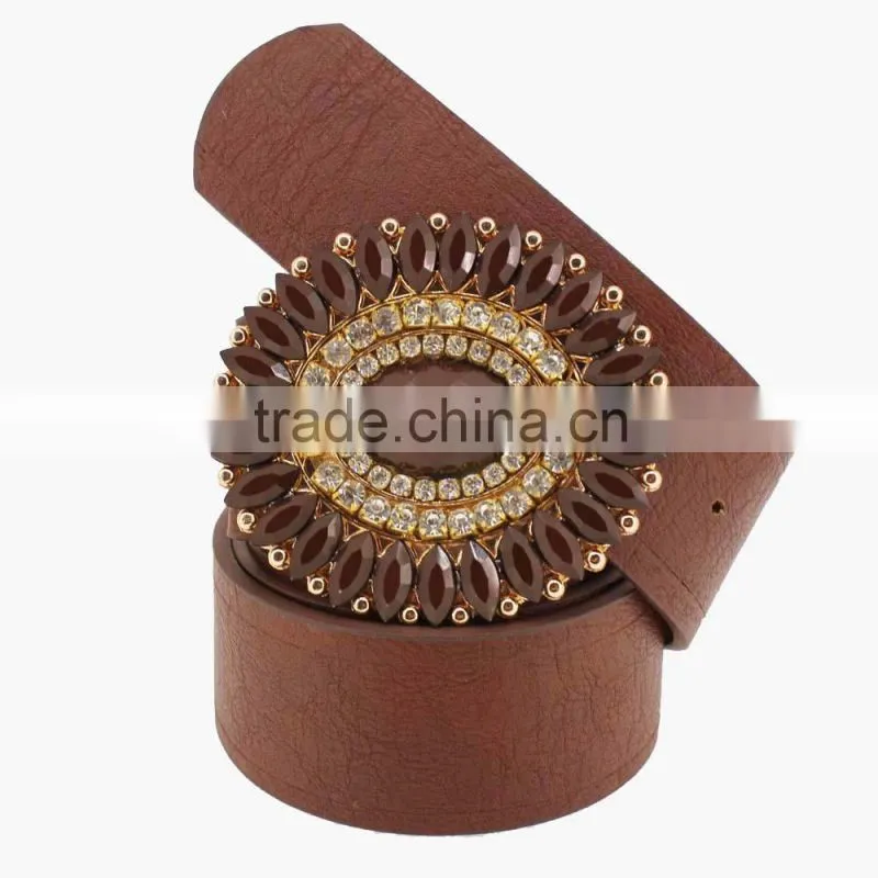 Vintage Style women's fashion PU brand belt with shiny rhinestone square shape buckle