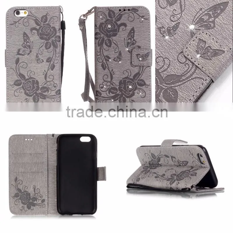 Fasion designed Diamond butterfly wallet leather case cover with strap, leather case with inside TPU for iphone 6s/6 plus