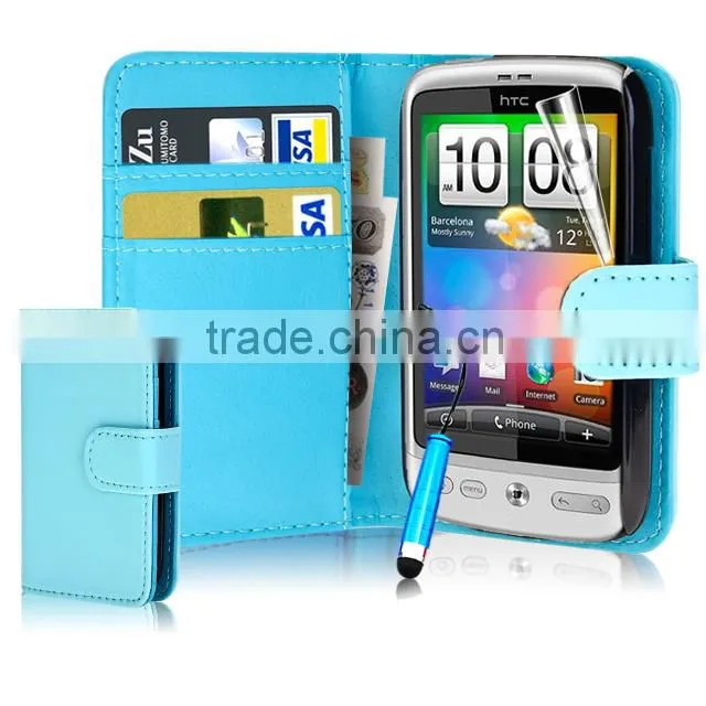 Set Screen Protector Stylus And Case For HTC Desire C , Dark Blue Leather Wallet Waterproof Case For HTC Desire