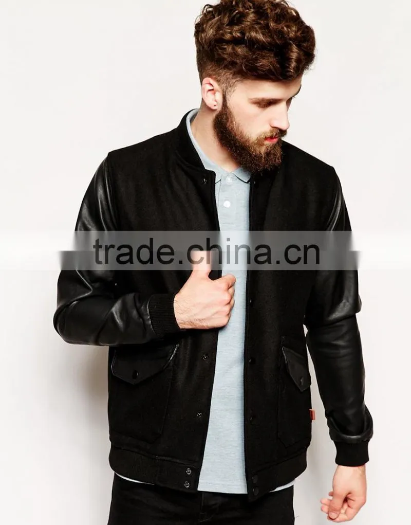 mens wool bomber jacket with PU sleeves