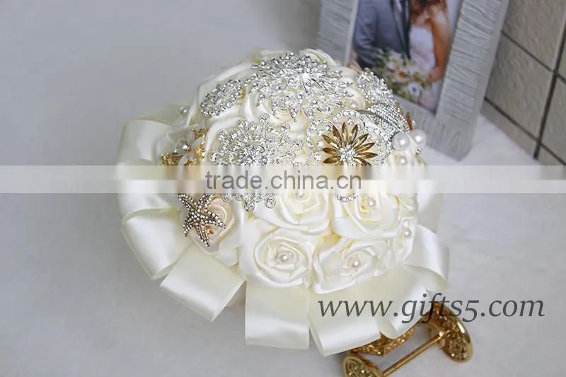 Luxurious White Silk Flowers Wedding Bouquets with beads, rhinestones, brooches