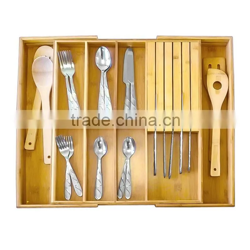 TF130 Expandable Bamboo Utensil Organizer with Knife Block for Cutlery, Flatware, Silverware and Accessories
