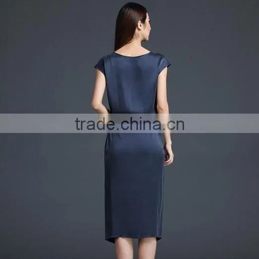 Women's Navy Short Sleeve Shift with Sash Neck Short Sleeve Slim Silk Midi Dress