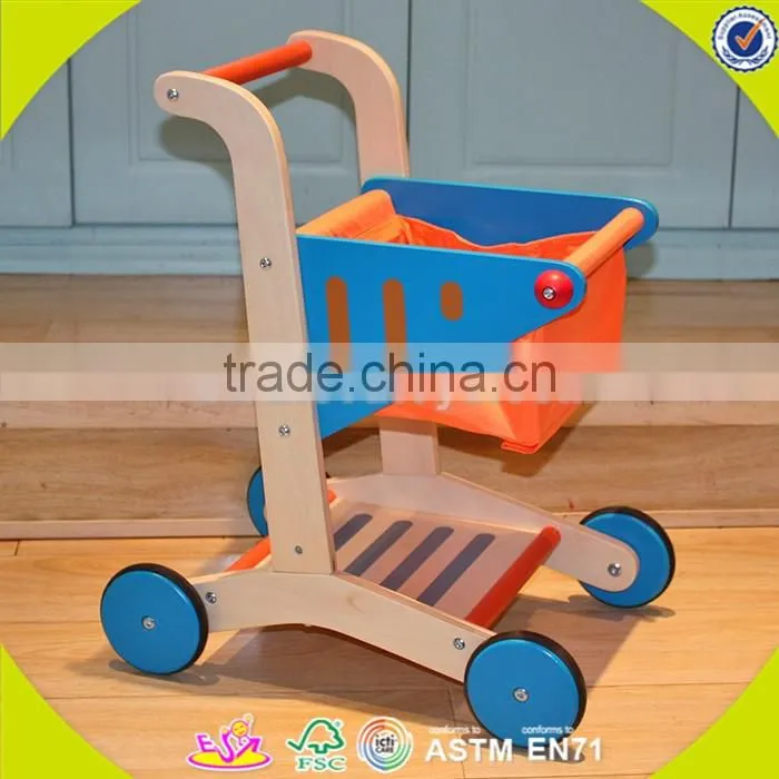 wholesale baby wooden shopping cart toy, orange color wooden shopping cart toy, cheap wooden shopping cart toy W16E016
