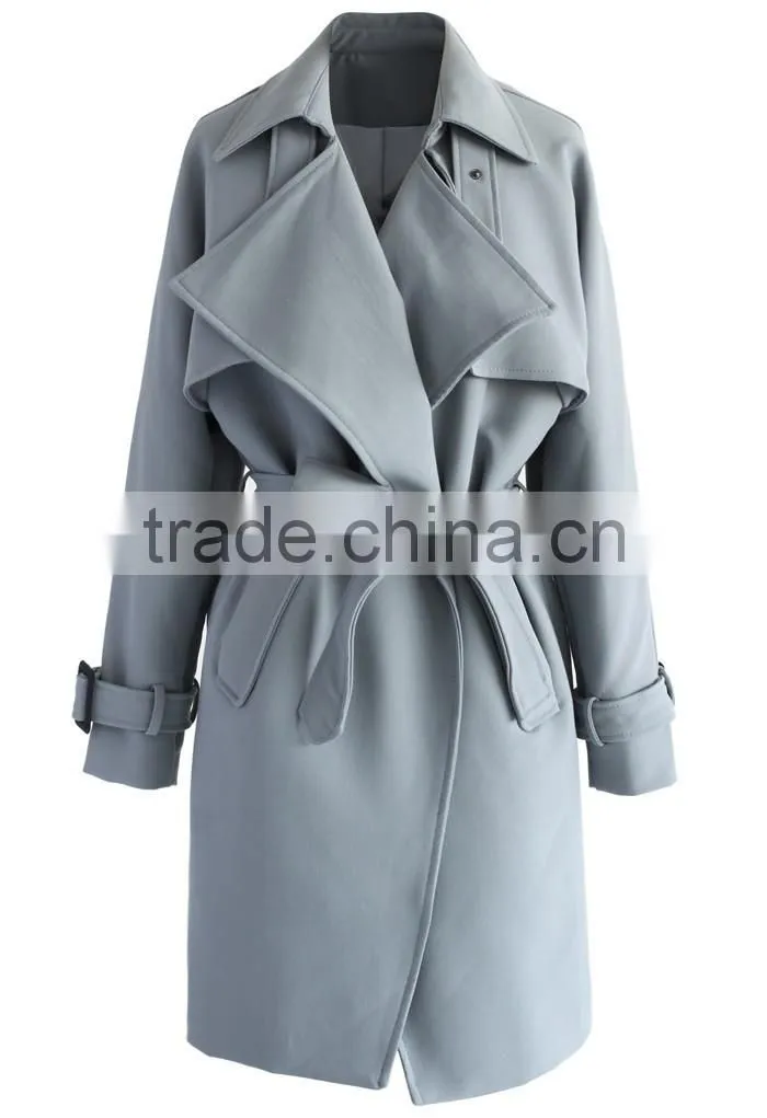 Beige /Grey/Indigo blue color Open front design Full lined long jacket,beautiful women Belted Textured Trench jacket Coat