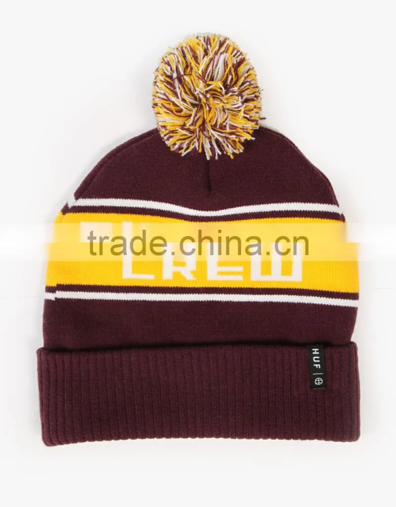 Acrylic wholesale custom knitted beanie hats with a ball
