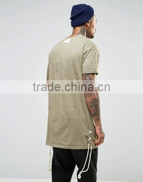 Personalized wholesale import longline distressed t-shirt men OEM, street hip hop wear