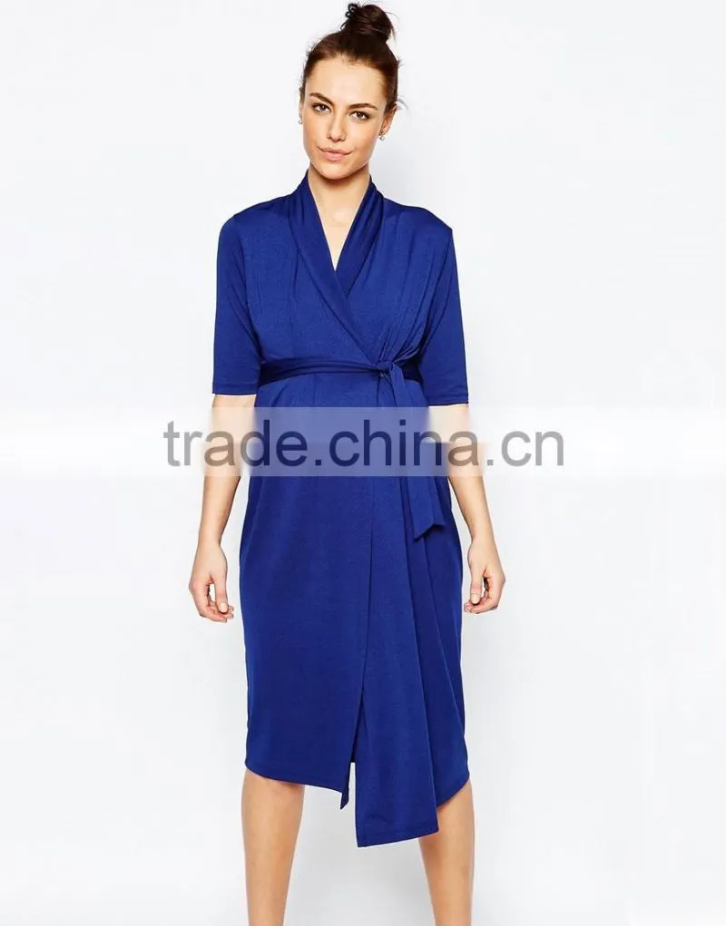 Elegant fashion fancy wiggle wrap maternity navy dress with belt