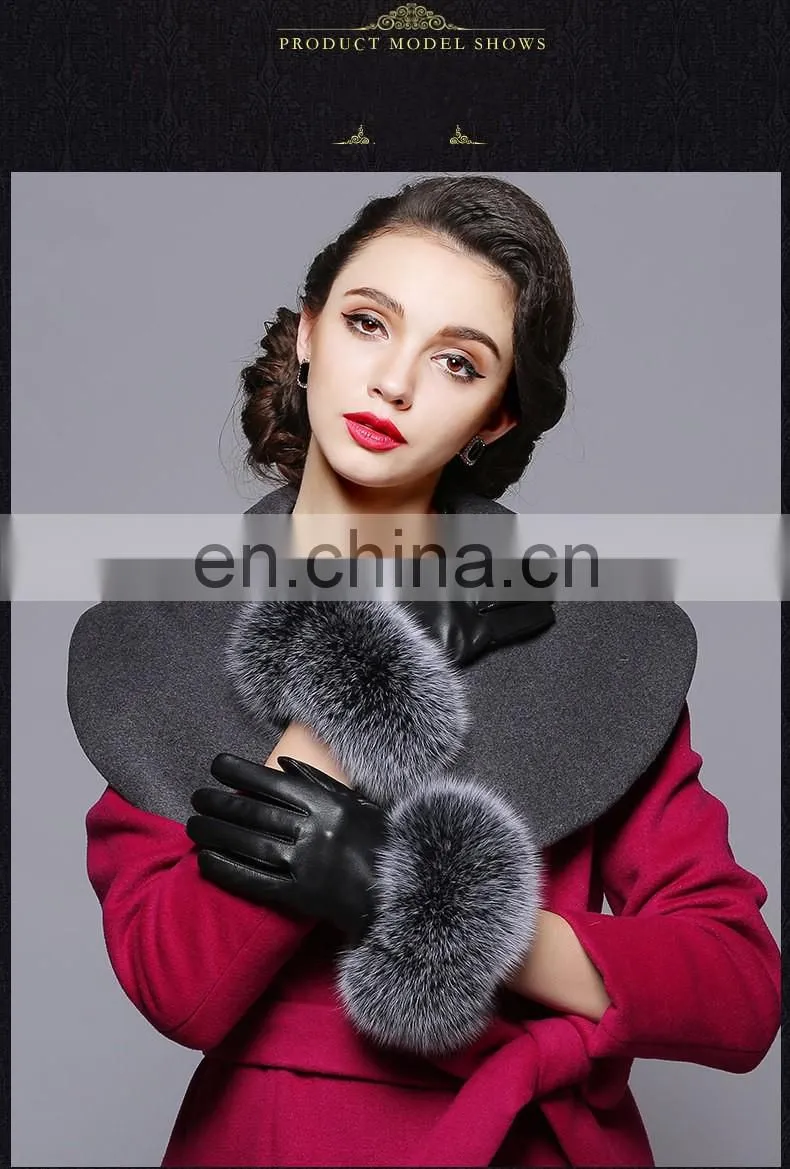 Warm Real Leather Glove With Big Genuine Fox Fur Beautiful Glove