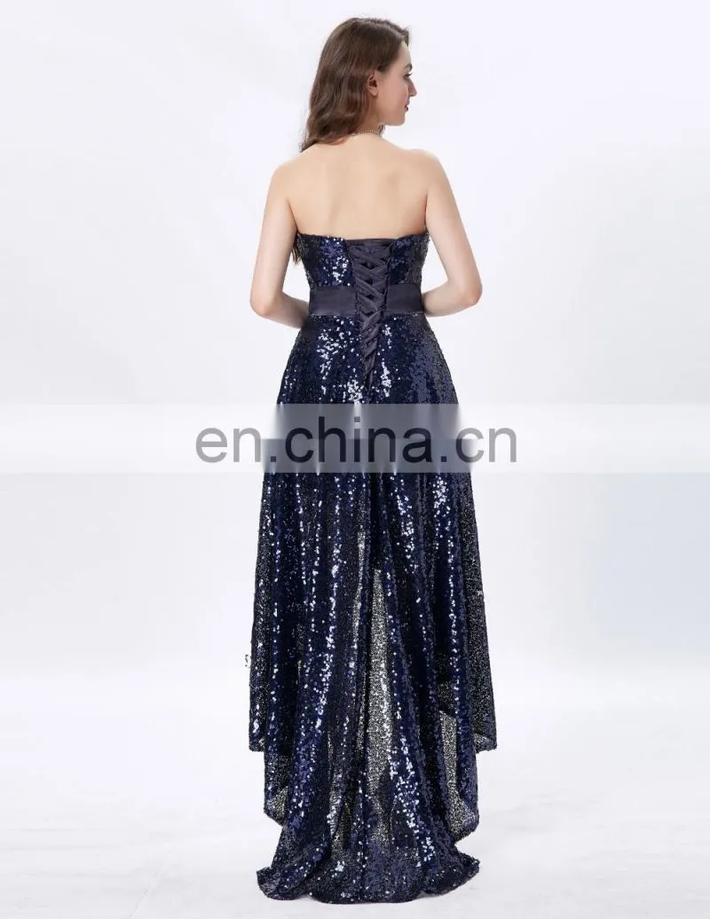 Grace Karin New Strapless Sweetheart Navy Blue Short Front Long Back Prom Dress With Shining Sequins CL6240