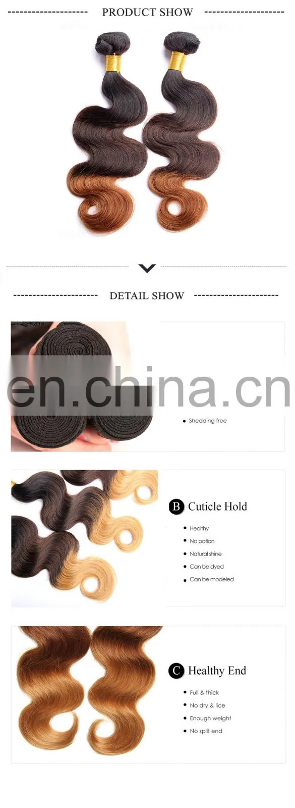 Three Tone Ombre Color Deep Wave Brazilian Virgin Human Hair Weft Ombre Bundles