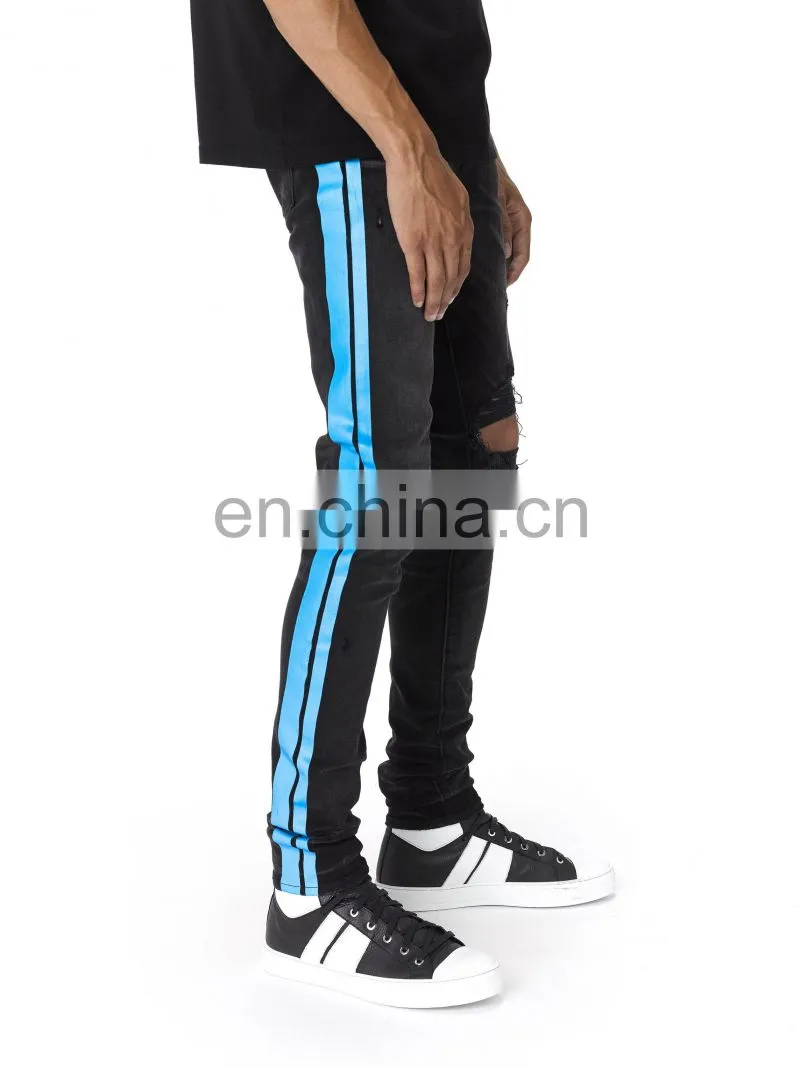 DiZNEW BROKEN TRACK BRANDED STRETCH BLACK JEANS MEN WITH BLUE SIDE
