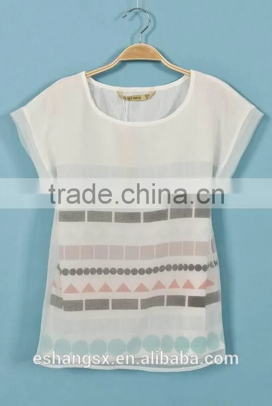 Ladies chiffon short sleeve geometric patterns blouse